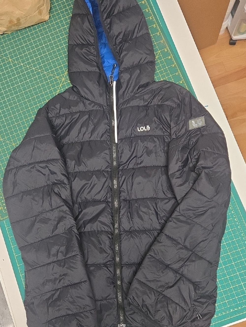 Lole BOY's Black Hooded Packable Puffer Jacket with Blue Lining